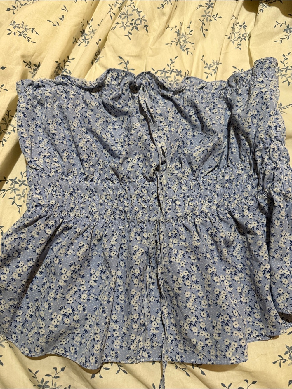 SHEIN Blue Floral Tube Top Smocked Blouse
